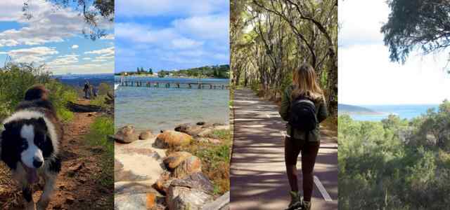 Woman and a dog strolling along scenic paths