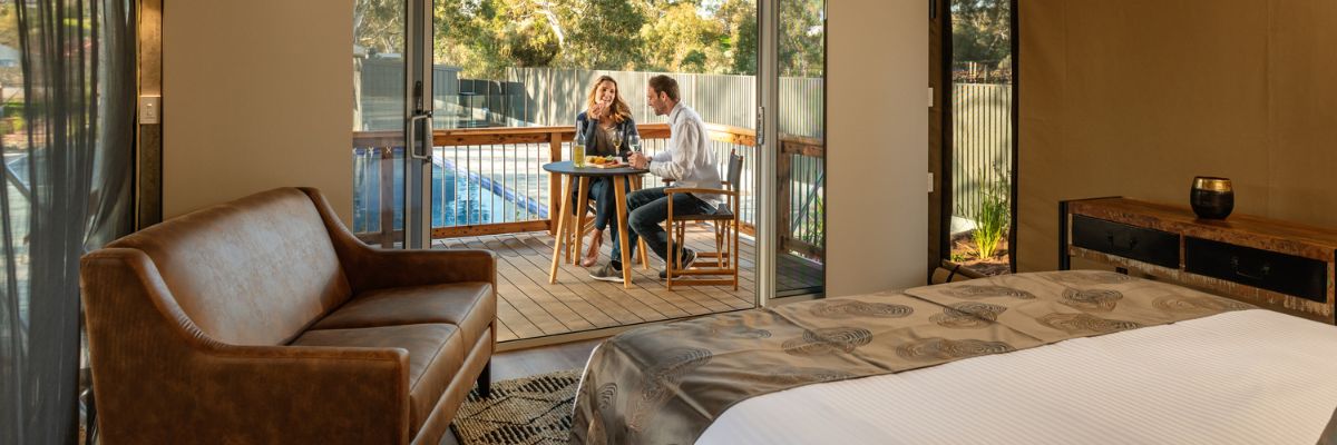 glamping tent interior with views of the park